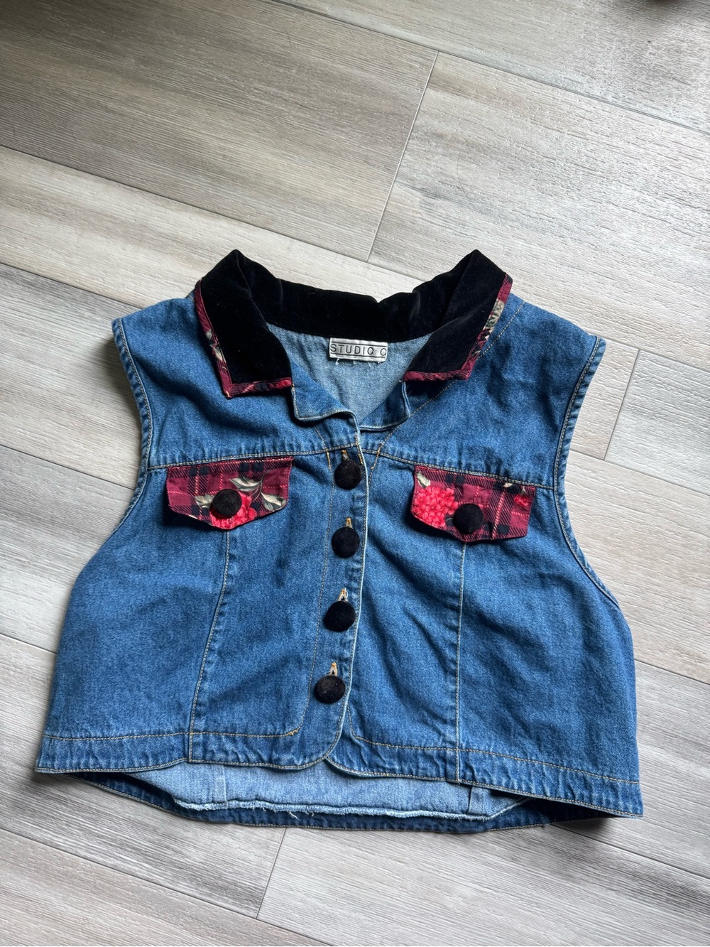 Vintage Studio C Blue Denim Vest with Black Velvet Collar and Red Plaid Accents